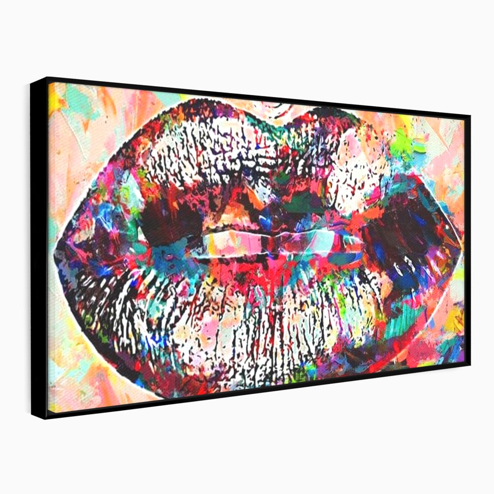 Tablou canvas cu tablou canvas cu buze pop art, in rama de aluminiu negru